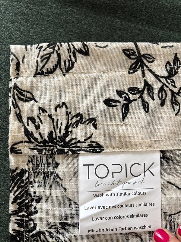 Linen Blend  Cafe Curtains Black Floral Rod Pocket W26xL45in x 2 panels