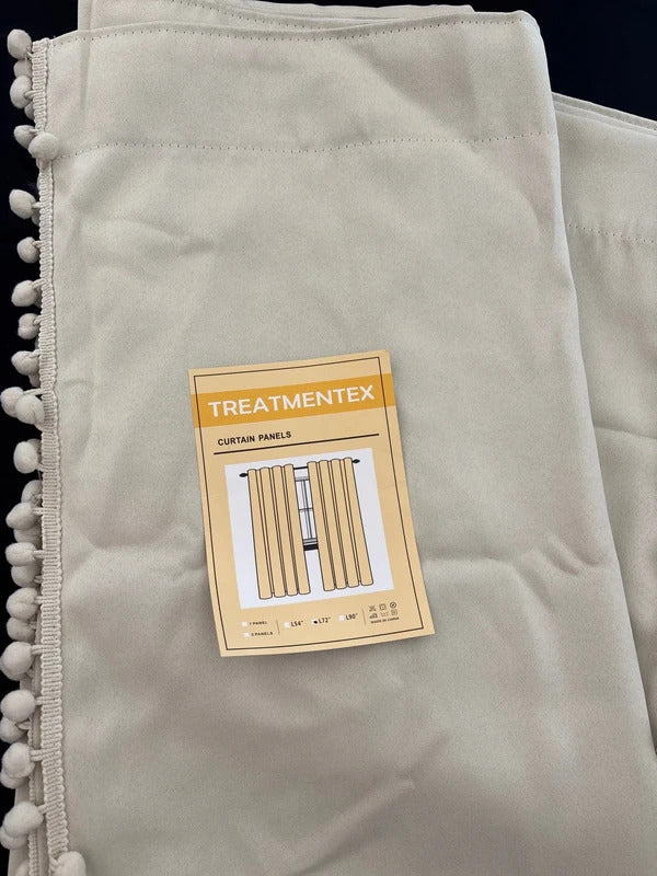 Pom Pom pencil pleat curtains x 2 panels Light beige - 50Wx72L inches