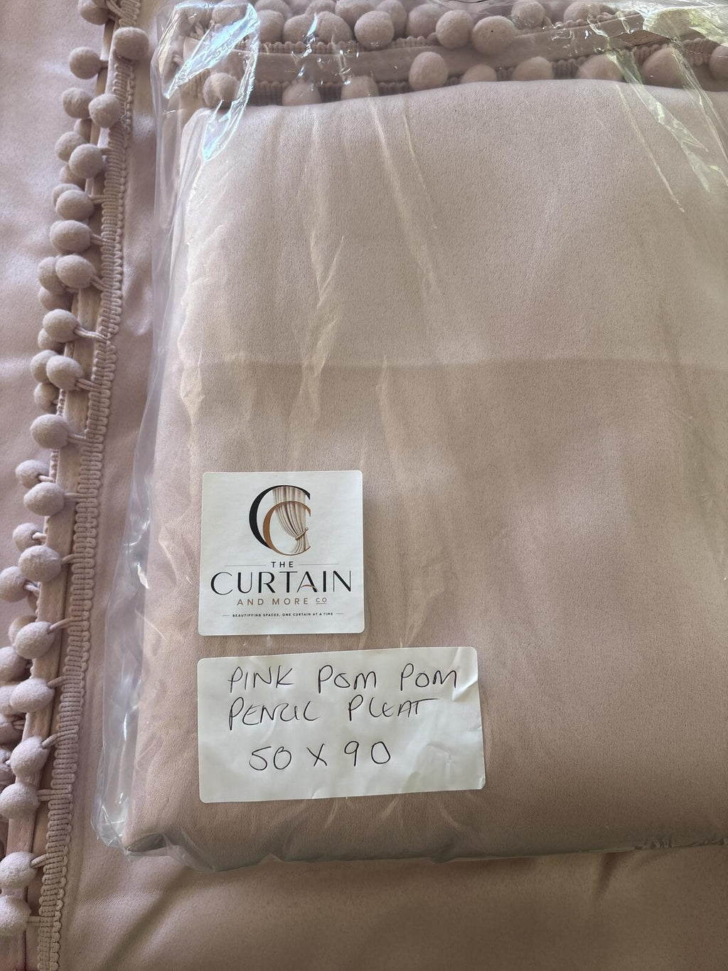 Pink Pom Pom Pencil pleat curtains 50" w x 90” long x2 Panels